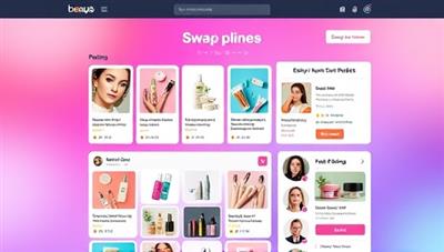 A vibrant online beauty swap platform interface showcasing a diverse range of beauty products available for swapping, featuring user profiles, product images, and swap ratings, reflecting a lively and interactive beauty community exchange hub.