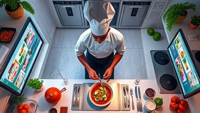 An immersive digital kitchen setup with a top-down view of a chef preparing a gourmet dish, surrounded by fresh ingredients, cooking utensils, and digital displays showcasing step-by-step cooking instructions, creating a virtual culinary experience that stimulates the senses and inspires culinary creativity.