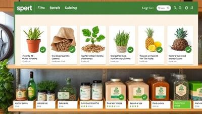 An online marketplace interface featuring a variety of sustainable agricultural inputs, with eco-friendly labels and product descriptions emphasizing their environmental benefits, creating a visually appealing and informative shopping experience.