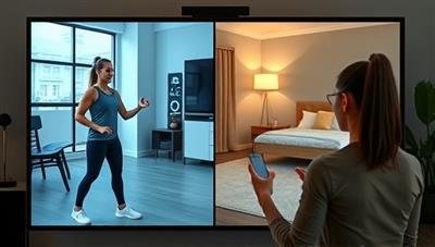 A digital screen split into two parts: one showing a fitness coach guiding a workout session and the other displaying a user following along at home, showcasing the interactive and engaging nature of the virtual coaching platform.