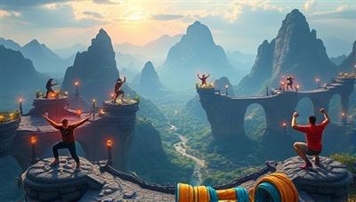 An epic digital landscape filled with challenging workout stations, virtual obstacles, and fitness enthusiasts from diverse backgrounds engaging in a virtual adventure quest, exuding energy, motivation, and teamwork in a gamified fitness experience.