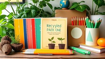 An appealing display of eco-friendly school supplies, featuring colorful recycled paper notebooks, plantable pencils with seeds at the tip, and biodegradable pens, set against a backdrop of lush greenery and sustainable packaging, conveying a message of environmental stewardship.