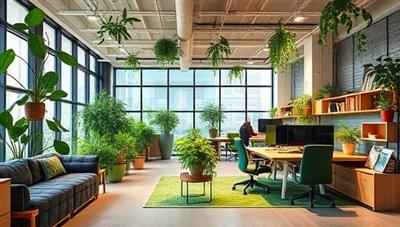 A vibrant office space with eco-friendly design elements like plants, recycled furniture, and energy-efficient lighting, promoting a green and sustainable business environment.