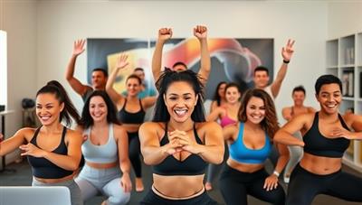 A vibrant and energetic online fitness class scene with a diverse group of participants working out together virtually, displaying enthusiasm and motivation.