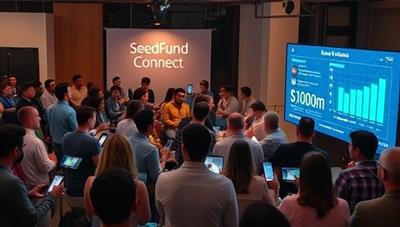 An engaging visual of a diverse group of people engaging in a virtual investment pitch event on SeedFund Connect, with enthusiastic entrepreneurs presenting their business ideas, investors making micro-investments on their devices, and a vibrant digital interface displaying real-time investment progress, evoking a sense of community and opportunity.