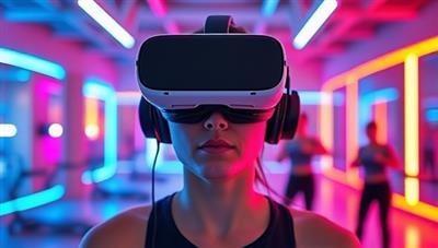 An immersive virtual reality headset displaying a user engaged in a VR fitness class with vibrant virtual surroundings and futuristic exercise equipment.