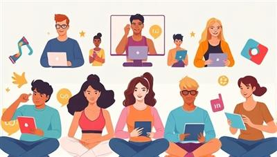 A vibrant digital illustration of a diverse group of individuals virtually connecting with fitness coaches on various devices, showcasing a dynamic and supportive online fitness community.