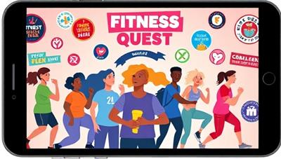 A dynamic digital illustration showcasing a group of students actively participating in fitness challenges and tracking their progress on the FitEd Quest app, surrounded by virtual badges, workout animations, and motivational quotes, creating a vibrant and energetic fitness community within the app.