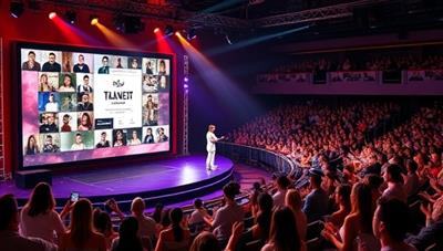 A dynamic showcase platform interface featuring a carousel of talent videos, a live streaming section for virtual performances, and a bustling virtual auditorium filled with avatars cheering and applauding, creating a vibrant and interactive virtual talent show atmosphere.