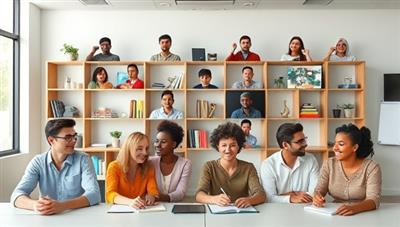 An online classroom setting with diverse avatars representing different language learners engaging in virtual language exercises and cultural discussions, fostering a dynamic and inclusive learning environment.
