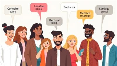 An engaging illustration of diverse avatars representing different cultures and languages interacting in a virtual language exchange setting, with speech bubbles displaying phrases in various languages, symbolizing global connectivity and communication.