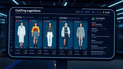 An AI interface displaying various outfit suggestions on a digital screen, alongside user feedback and ratings, creating a futuristic and personalized shopping experience.