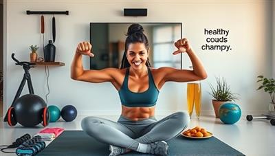 A dynamic image of a virtual fitness coach conducting a live workout session with clients via video call, surrounded by exercise equipment, healthy snacks, and motivational quotes, exuding energy and inspiration.