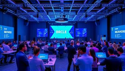 An immersive virtual event setup with digital avatars attending a conference, virtual stages, interactive booths, and engaging activities, portraying the dynamic and innovative nature of virtual events and the future of event planning.