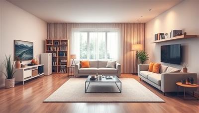 A sleek and modern living room transformed into a clutter-free space with smart storage solutions, digital assistants, and integrated home automation devices, illustrating the concept of digital home organization.