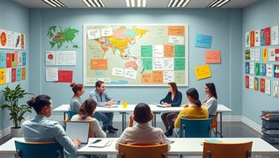 An engaging digital artwork depicting a virtual language classroom with diverse participants learning and interacting in different languages, supported by language tools and resources, showcasing a dynamic and inclusive learning environment for global businesses seeking language expertise.