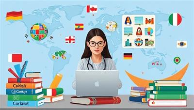 An artistic depiction of a virtual language coach interacting with clients from different cultural backgrounds through a digital language learning platform, surrounded by language books, world maps, and diverse cultural symbols, illustrating a global exchange of language and knowledge.