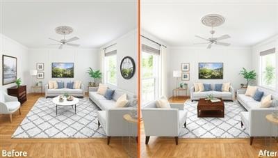 A virtual room design visualization showcasing a before-and-after transformation of a living space, with new furniture arrangements, color schemes, and decor elements, illustrating the impact of professional virtual interior design consultations.