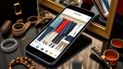 An elegant smartphone screen displaying a virtual wardrobe with various outfit combinations, color schemes, and style suggestions, surrounded by fashion accessories and a mirror reflection, creating a virtual styling experience that is both interactive and personalized.