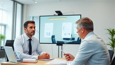 A virtual meeting setup with a professional lawyer on a video call with a client, both engaged in a discussion with legal documents visible on the screen, illustrating remote legal consultation services.