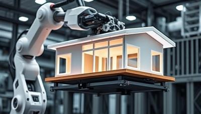 An industrial robotic arm 3D printing a modular housing unit layer by layer, showcasing the futuristic construction process and sustainable materials used in creating innovative housing solutions, revolutionizing the industry.