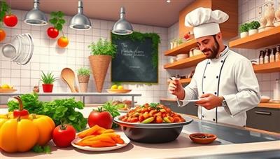 An appetizing and visually appealing digital illustration featuring a virtual kitchen setting with fresh ingredients, cooking utensils, and a chef presenting a dish, exuding the aromas and flavors of a culinary journey at the FlavorFusion Culinary Institute.
