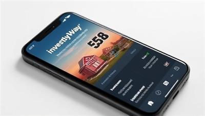 A smartphone screen displaying the InvestMyWay app interface with sleek design and intuitive navigation, showing real-time property investment updates and personalized investment recommendations for millennials.