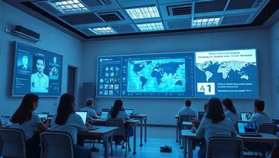 A futuristic classroom setting with students interacting with holographic educational content projected by AI technology, showcasing a cutting-edge learning experience.