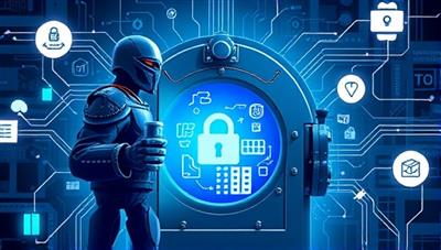 An artistic representation of a guardian figure protecting a vault filled with intellectual property symbols, surrounded by digital elements and innovation icons, symbolizing security and preservation of creative assets in the virtual realm.