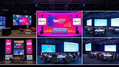 A digital collage showcasing a virtual corporate event setup with branded virtual stages, interactive networking lounges, engaging speaker sessions, and virtual team building activities, illustrating the versatility and creativity of virtual event planning services.