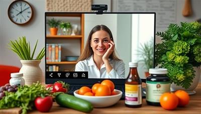 A virtual nutrition consultation session with a nutritionist discussing meal plans, dietary recommendations, and fitness goals with a client via video call, surrounded by fresh produce and nutritional supplements, creating a professional and health-focused atmosphere.
