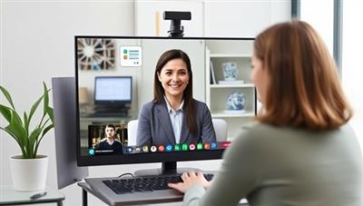 An online career counseling session in progress, featuring a virtual career coach providing advice to a client through a video call, with career-related resources and tools visible on the screen, symbolizing professional guidance and support in navigating career choices.