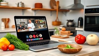 An inviting kitchen setup with a laptop displaying a live cooking class session, ingredients neatly arranged on the counter, and a chef guiding a student through a recipe, showcasing the interactive and educational nature of the online cooking classes.
