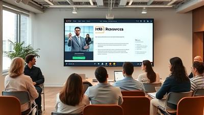 An online meeting scene with HR consultants facilitating a virtual training session for a diverse group of employees, with digital HR resources displayed on the screen and engaging visuals to enhance the learning experience.