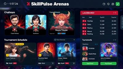 An interactive gaming interface showcasing different skill-based challenges, leaderboards, and tournament schedules, with digital avatars of players competing in intense matches, highlighting the competitive and engaging nature of SkillPulse Arena's gaming tournaments.