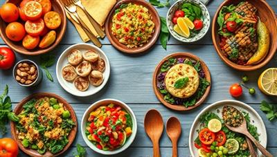 An artistic flat lay of vibrant plant-based dishes, colorful ingredients, and kitchen utensils arranged in a visually appealing and appetizing composition, highlighting the diversity and creativity of plant-based cooking featured in the GreenEats recipe app.