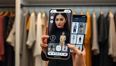 An AI-powered fashion assistant interacting with a user on a smartphone app, displaying various outfit suggestions and personalized styling tips, set against a backdrop of a stylish wardrobe, creating a seamless and futuristic fashion experience.