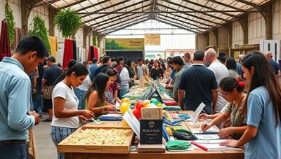 A vibrant marketplace setting with diverse individuals exchanging skills and knowledge, sharing tools and resources, and engaging in collaborative learning experiences, showcasing a dynamic and interconnected community ecosystem.