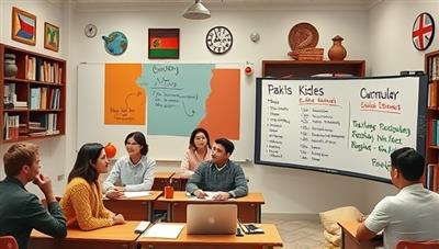 An engaging virtual language classroom environment with diverse participants interacting in different languages, cultural elements in the background, and a virtual whiteboard displaying vocabulary and grammar lessons, fostering a dynamic and immersive learning experience.