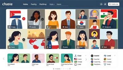 An online platform interface showing virtual language exchange rooms with avatars representing users from different countries engaging in language practice and cultural discussions, showcasing a diverse and interactive learning environment.