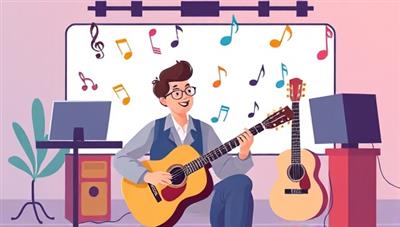 An engaging and lively virtual music lesson scene within the platform interface, featuring a music instructor and a student interacting through a video call, with musical notes and instruments floating around them, creating a dynamic and immersive learning experience for music enthusiasts.