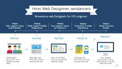 An engaging infographic depicting the seamless process of hiring a web designer through DesignLancer, from browsing profiles to project completion, highlighting the platform's user-friendly interface and diverse design options.