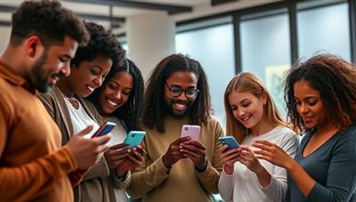 An image showing a diverse group of people engaging with a user-friendly investment platform on their smartphones, symbolizing inclusivity, accessibility, and empowerment through micro-investing.