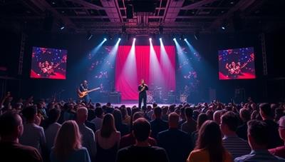 An immersive virtual concert setting with a stage, lighting effects, and a crowd of virtual attendees interacting with the artist on a digital platform, showcasing the intimate and engaging nature of the personalized concert experience.