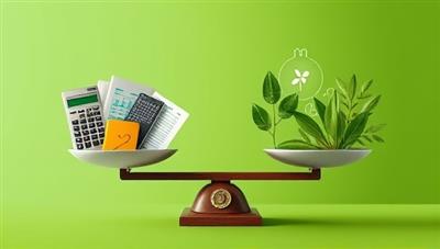 An artistic representation of a balance scale with one side holding traditional accounting tools like calculators and spreadsheets, and the other side showcasing eco-friendly symbols such as leaves, trees, and renewable energy icons, symbolizing the balance between financial accuracy and environmental consciousness in sustainable accounting practices promoted by EcoLedger.