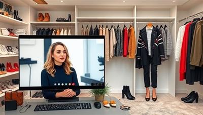 A virtual fashion styling session with a stylist discussing wardrobe options and styling tips with a client through video call, surrounded by fashion magazines, clothing racks, and accessory displays. The background features a virtual dressing room with a variety of clothing items, shoes, and accessories, creating a stylish and immersive fashion styling experience.