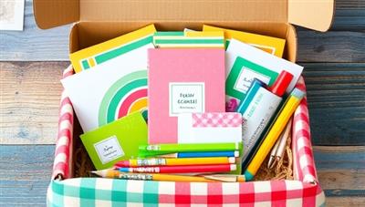 A colorful and vibrant subscription box filled with eco-friendly school supplies like recycled notebooks, plant-based pens, biodegradable folders, and compostable pencils, showcasing the diverse and sustainable offerings of EcoEd Essentials.
