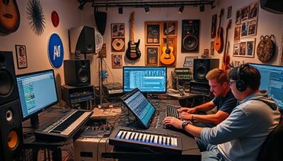 An immersive and inspiring image of a virtual music production class in action, featuring students experimenting with digital audio workstations, MIDI controllers, and studio equipment, set against a backdrop of musical instruments and creative studio decor, conveying a vibrant and collaborative learning environment.