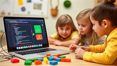 An interactive coding session for kids featuring colorful coding blocks, a laptop displaying a coding platform, and enthusiastic young learners collaborating on a coding project, promoting a fun and educational coding experience tailored for children.