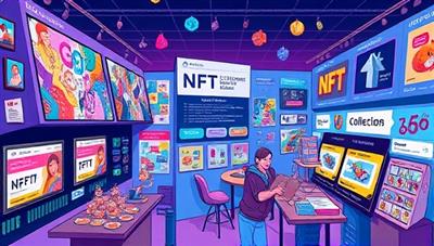 A vibrant visual representation of NFT Nexus Exchange, featuring a digital art gallery showcasing a diverse range of NFT collections, interactive bidding interfaces, and a bustling online marketplace filled with unique digital assets, capturing the creative and dynamic essence of the NFT trading platform.